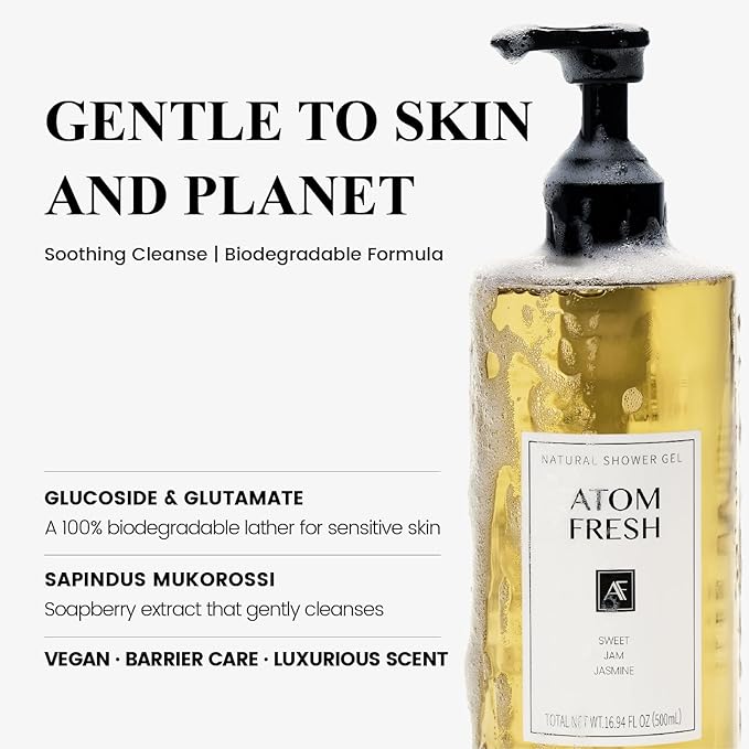 Atom Fresh Fine Fragrance Body Wash – Sweet Jam Jasmine Scent | Gentle Amino-Acid Cleanser with Oat, Soapberry & Vitamin E | Plant-Based & Sulfate-Free, 16.94 fl oz