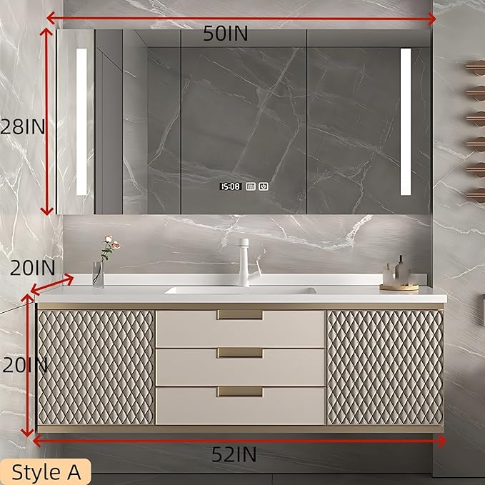Modern Bathroom Vanity - Wall-Mounted Bathroom Cabinet with LED Light | Intelligent Defogging Mirror Cabinet Includes Time Display Function, 2 Drawers & 2 Storage Cabinets (Style A, 52IN)