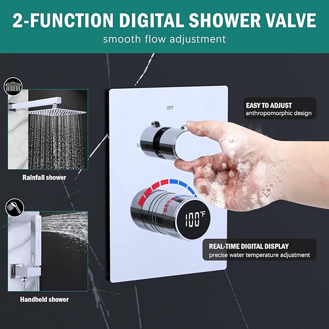 Temperature Display 2 Way Shower Valve Brass Rough-in and Rectangle Trim Kit, Dual Function Digital Shower Mixer Valve, Chrome