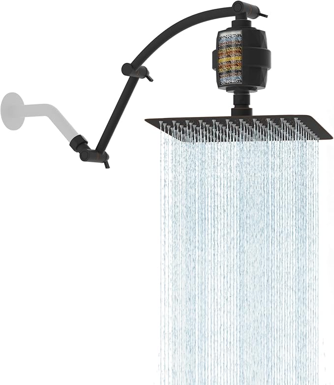 Hibbent All Metal Rain Filtered Shower Head, 10'' High Pressure Rainfall Showerhead with 16" Shower Extension Arm, 20 Stage Shower Filter, Solid Brass Adjustable Shower Arm Extender, Oil-Rubbed Bronze