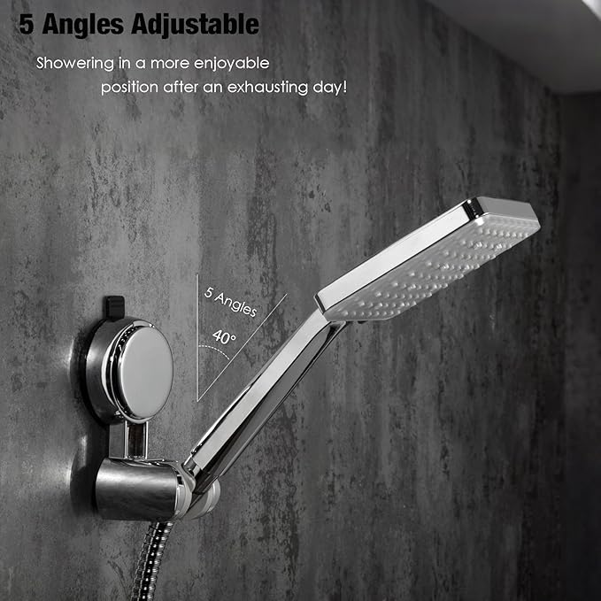 Suction Cup Hand held Shower Head Holder- Reusable - 5 Angles Adjustable - Bathroom Wall Mount Shower Wand Holder - Polished Chrome
