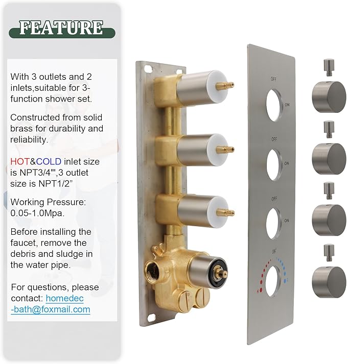 HOMEDEC 3 Way Shower Diverter Valve, 3 Outlets Multi Function Thermostatic Shower Brass Valve Can Run Simultaneously, Brushed Nickel