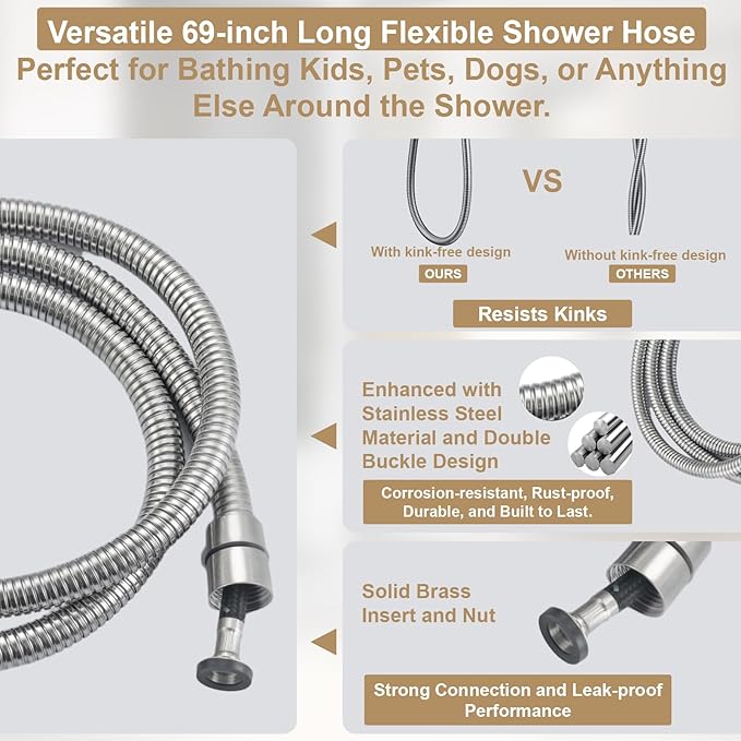 Adjustable Shower Slide Bar with 5-Function Handheld Shower Head, Stainless Steel Grab Slide Bar Combo with Extra Hose (Brushed Nickel)
