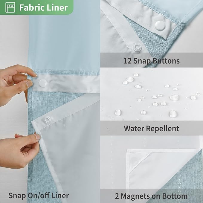 Boho Farmhouse No Hook Shower Curtain Set with Snap-in Fabric Liner,Heavy-Duty Linen Textured Rustic Striped Design,Water-Repellent with Tassels and Sheer Window,Fog Blue,71x74