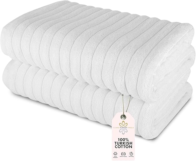 Classic Turkish Towels CTT - Premium 2 Piece Jumbo Bath Sheets, 100% Turkish Cotton, Absorbent & Ultra Comfy Bath Towel Sheets for Hotels & Spa | 40"x65" (White)