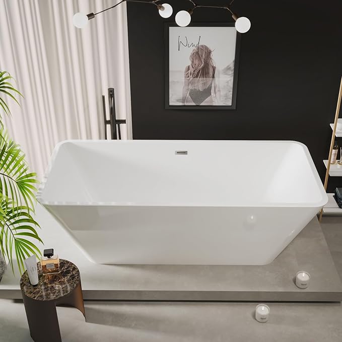 59" Acrylic Freestanding Soaking Bathtub, Matte Drain & Black Overflow, Modern Design Tub for Home Bathroom Renovations, Glossy White