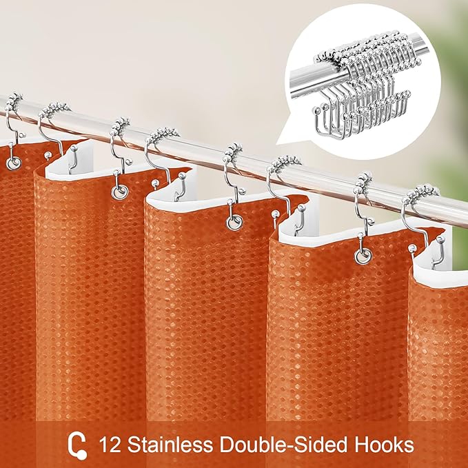 3 in 1 Long Burnt Orange Shower Curtain Set-72 W x 78 H, Modern Waffle and PEVA Liner Set with 12 Stainless Steel Hooks, Waterproof Fabric for Bathroom