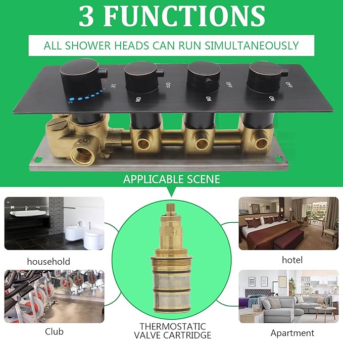 HOMEDEC Oil Rubbed Bronze 3 Way Shower Diverter Valve Brass Three Functions Thermostatic Shower Mixing Valve Kit 3 Handle Flow Control Valve