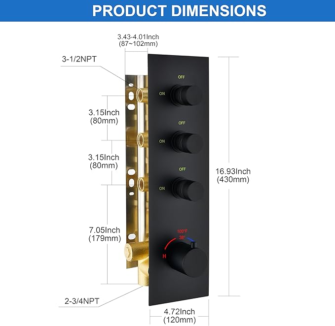 Matte Black 3 Way Shower Diverter Valve - 3 Function Thermostatic Mixer Brass Valve with Individual On/Off Flow Control for Shower Arm & Shower Kit