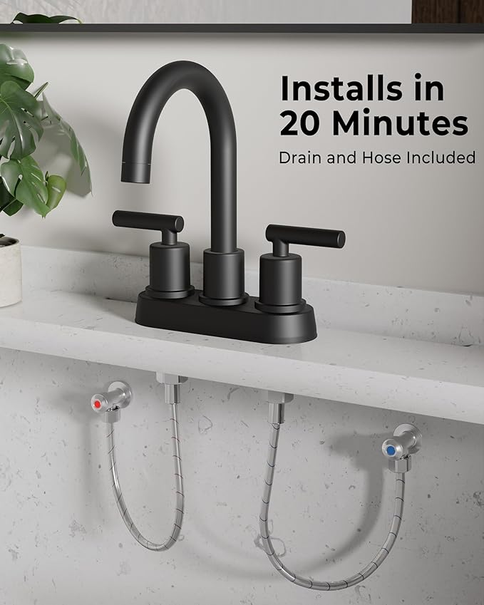 VXV Bathroom Sink Faucet 4 Inch 2 Handle Centerset Utility Lavatory Vanity Modern 360 Rotating Black Water Faucet with Pop-up Drain Stopper Assembly and Supply Lines Fits 2 Hole
