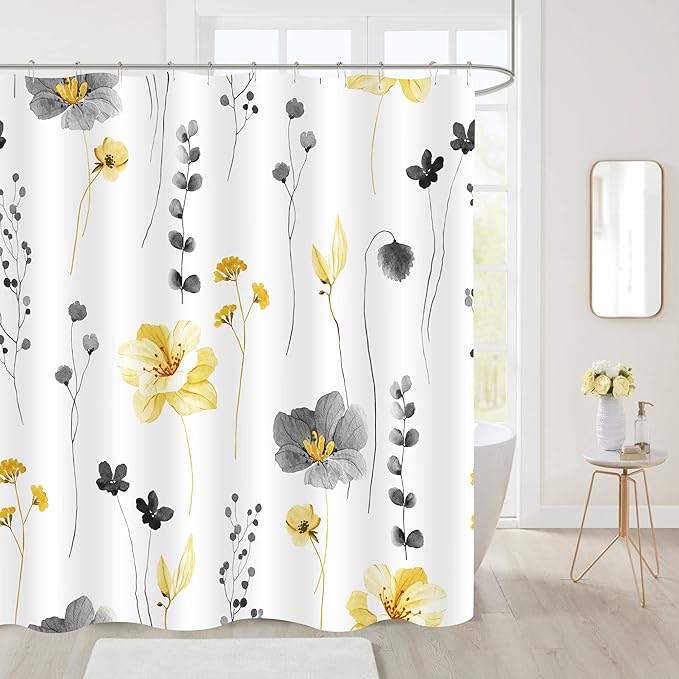 Gibelle Extra Long Shower Curtain 72 x 84, Watercolor Floral Fabric Shower Curtain, Yellow Grey Flower Decorative Bathroom Shower Curtain Set