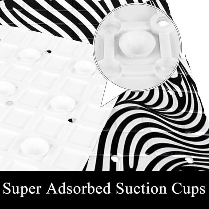 Bath Tub and Shower Mats, Non Slip Bathmat with Drain Holes and Suction Cups for Bathroom Floor, 15.1 x 26.8 Inch (Art Abstract Black and White Lines Pattern)