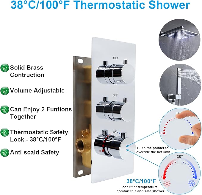 2 Way Shower Diverter Valve Brass 2 Functions Thermostatic Shower Mixing Valve Kit 3 Handle Flow Control Valve, 3/4 Inch Inlet, Can Run Simultaneously(Chrome)