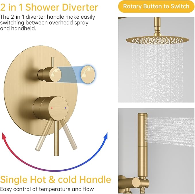 BESy Shower System with 10 Inch Round Rain Shower Head and Handheld Wall Mounted, High Pressure Rainfall Shower Faucet Fixture Combo Set with 2 in 1 Handheld Showerhead for Bathroom, Brushed Gold