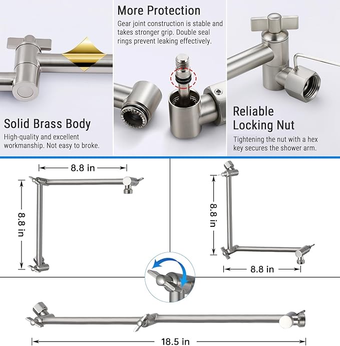 G-Promise 18 Inch Shower Head Extension Arm, Solid Brass Height & Angle Adjustable Extender, Rise or Lower Rainfall and Fixed Shower Head (Brushed Nickel)