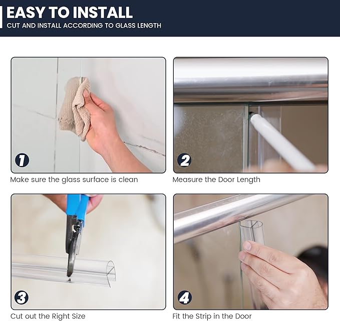 Shower Glass Door Side Seal, 2PCS 78 Inch Ultra Clear U-Shape PVC Seal Strip, for 1/2"(12mm) Thick Frameless Glass Door, to Stop Water Leakage