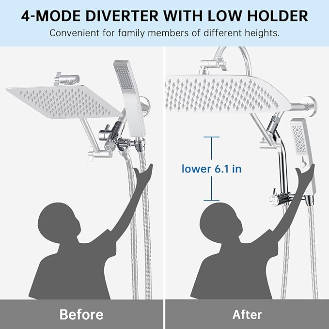 G-Promise All Metal 16 Inch Shower Head with Massage Mode Handheld, Rain Shower Head with Handheld Spray Combo, 3-Way Diverter with Pause Setting, 13 Inch Adjustable Extension Arm (Polished Chrome)
