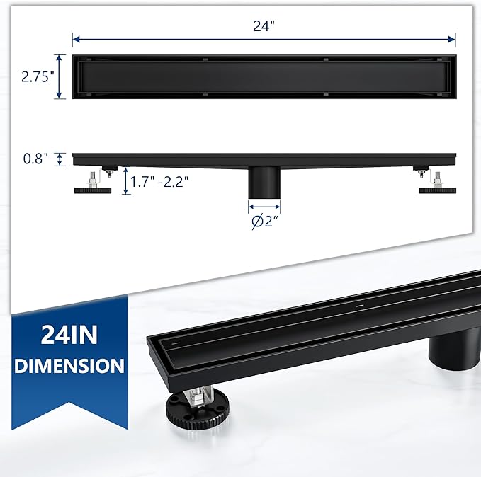 Neodrain 24-Inch Linear Shower Drain with Tile Insert Grate, Matte Black 304 Stainless Steel Rectangle Shower Floor Drain, Linear Drain with Leveling Feet, Hair Strainer