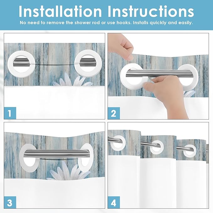 No Hook Blue Daisy Shower Curtain with Snap in Fabric Liner Set, Wooden Boards Double Layers Waterproof Fabric with See Through Top Window Open Grommet Bath Curtain 71x86 Inch