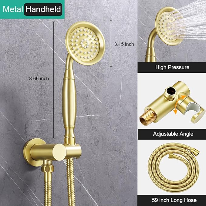 Dual Antique Shower Head System with Tub Spout: 9" Ceiling Mounted Rain & 6" Wall Mount Rainfall, Handheld Spray Vintage Faucet Set, 4 Way Diverter Brass Valve with Trim Kit, Brushed Gold
