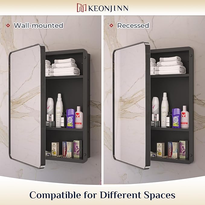 Keonjinn 24 x 32 Inch Black Recessed Medicine Cabinets, Bathroom Mirrored Medicine Cabinet, Gloss Black Stainless Steel Framed, Adjustable Shelves, in Wall or Surface Mount, Sturdy & Heavy, Farmhouse