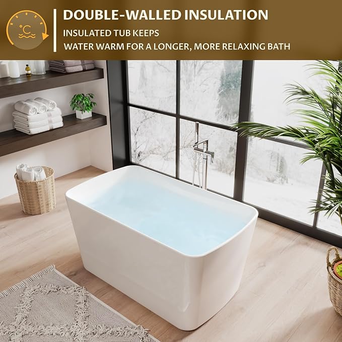 49 Inch Freestanding Bathtub, Acrylic Sit-In Soaking Tub with Chrome Drain & Overflow, Glossy White Modern Design, Compact Space-Saving Bath for Bathrooms