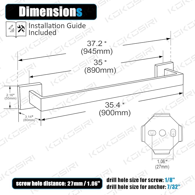 KOKOSIRI 36-Inch Single Towel Bar, Bathroom Kitchen Towel Holder, Wall Mounted SUS304 Stainless Steel Towel Rack, Polished Chrome, B4003CH-L36