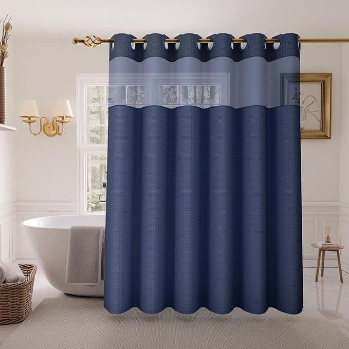 Inhousolu No Hook Shower Curtain with Snap in Fabric Liner Set Waffle Weave 230GSM Weighted Hem, Waterproof & Washable Bathroom Curtain Spa Luxury with Mesh Top Window 72" W x 72" L Navy Blue