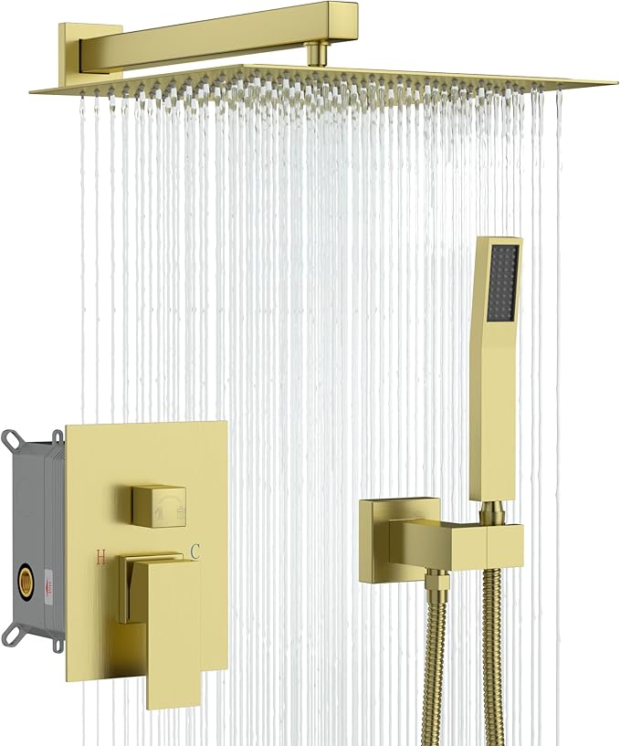 Gold Shower Faucet - Lordear 10 Inch Rain Shower System Wall Mounted Shower Head Faucet Set Stainless Steel Showerhead with Handheld Combo and Solid Brass Valve, Brushed Gold Finish