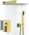 Gold Shower Faucet - Lordear 10 Inch Rain Shower System Wall Mounted Shower Head Faucet Set Stainless Steel Showerhead with Handheld Combo and Solid Brass Valve, Brushed Gold Finish