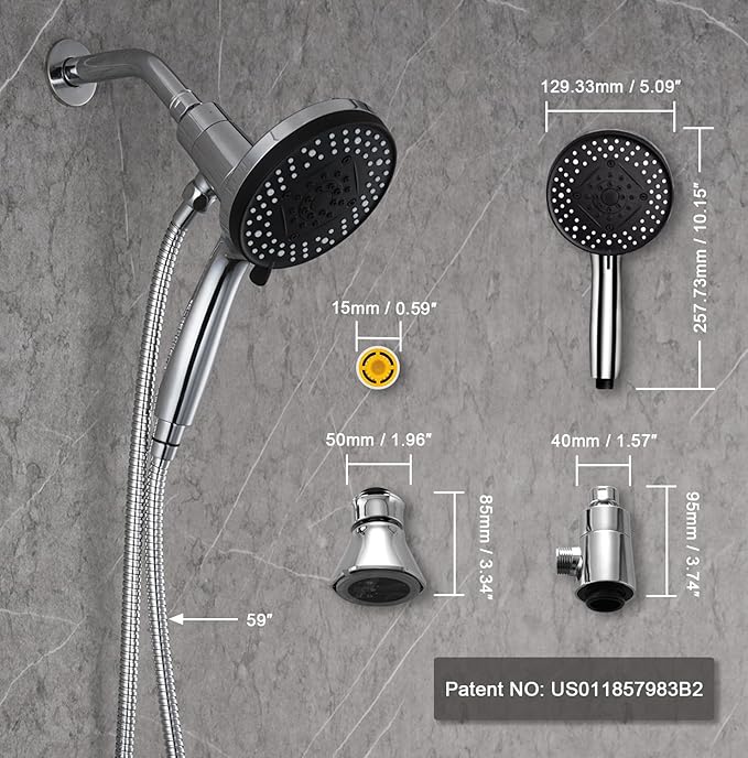 2.5 gpm Magnetic Shower Head with Handheld:High Pressure10-setting Shower Head,Magnetic Bracket,59 Inches Stainless Steel Showerhose,Magnetic Shower Base,1.8 gpm flow control valve.(Chorme)