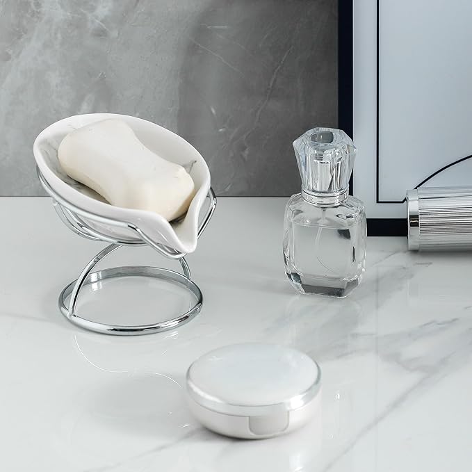 Leaf-Shaped Soap Dish – Ceramic Soap Bar Holder with Self-Drainage System – Bar Soap Holder for Shower, Bathroom Sink, Kitchen – Soap Dish with Stainless Steel Stand (White-Sliver-2 Pack)