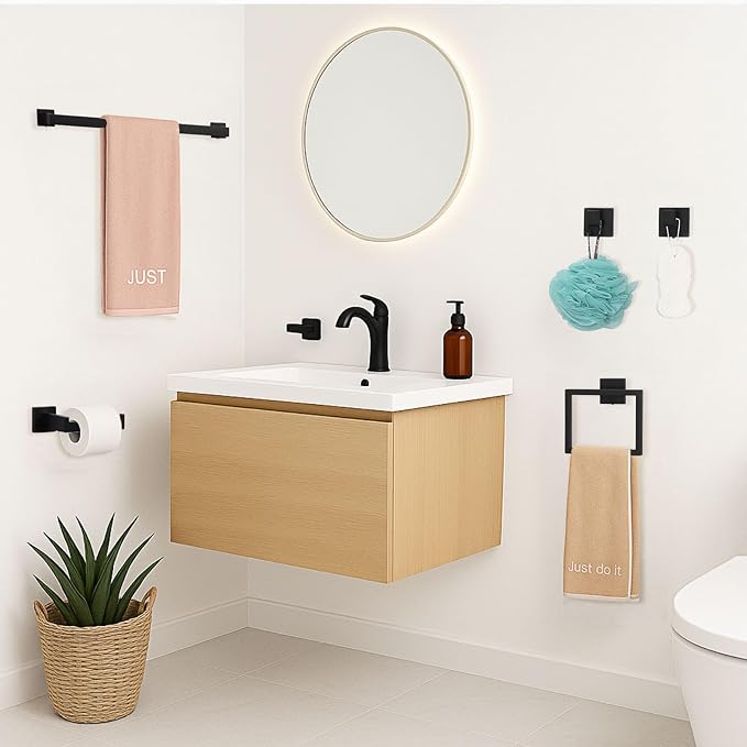 5-Piece Matte Black Bathroom Hardware Accessories Set - 16 Inch Stainless Steel Wall Mounted Towel Rack, Toilet Paper Holder, Towel Ring & 2 Hooks, Bathroom Organizer and Storage