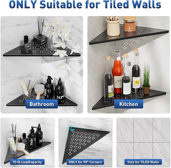 lives Corner Shower Shelf 10" Slot Design Recessed Shower Shelves for Tiled Wall, 304 Stainless Steel Corner Shelves for Bathroom Organizer, Matte Black 2 Pack (Star)