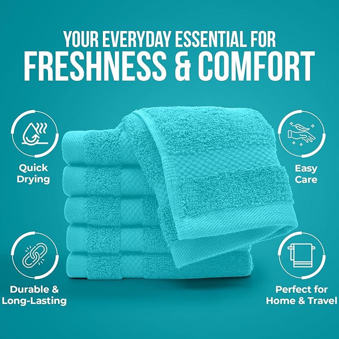 DAN RIVER 12-Pack Premium 100% Cotton Aqua Face Towels – Reusable Face Towel Set, Absorbent & Soft Wash Cloths for Bathroom & Body – Hand and Face Towels, 550 GSM (12x12 in)
