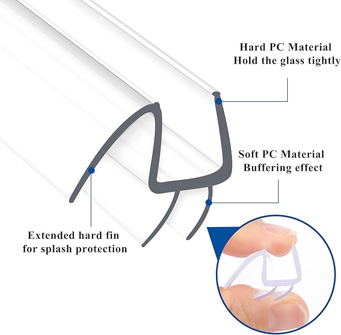 Frameless Shower Door Seal Strip 2 Pack x 39 Inch M Glass Shower Door Bottom Seal Strip for 3/8" Glass Shower Doors Sweep, Ultra-Clear Polycarbonate Stop Shower Leaks Create A Water Barrier