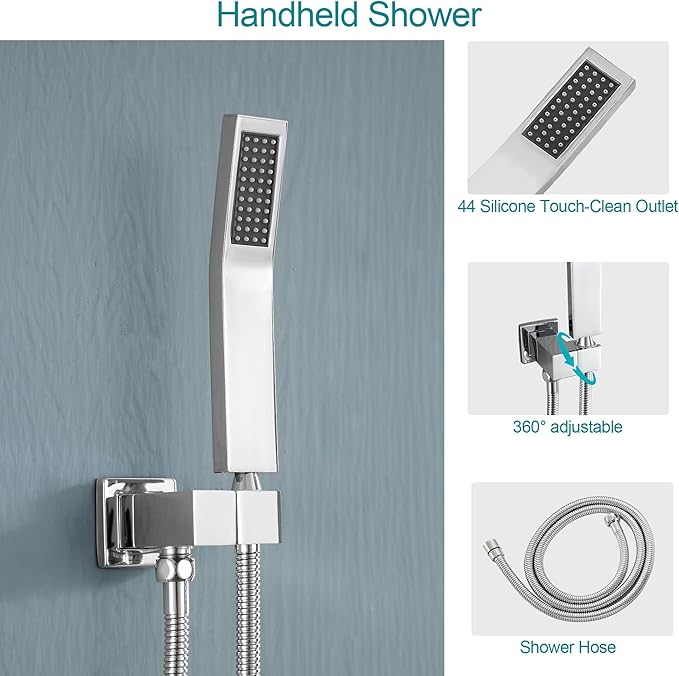 Lordear 10 Inch Shower Head Faucet Wall Mounted Chrome Polished Rainfall Shower System Set Stainless Steel Showerhead with Handheld Combo, Brass Valve Included