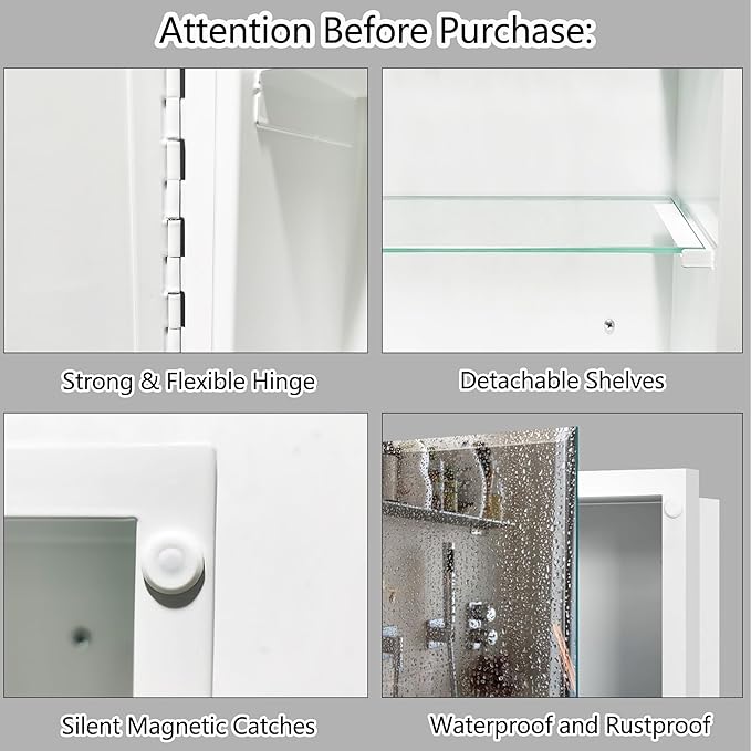 Bathroom Medicine Cabinet with 16x26 in Rectangular Beveled Frameless Mirror,Wall Mounted Mirror Cabinet for Bathroom Toilet Kitchen,Recess or Surface Mount,Already Assembly