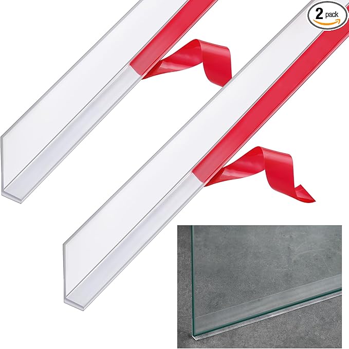 2 Pcs Long Clear Vinyl L-Type Seal Strip with Pre-Applied Self Adhesive Shower Threshold Water Dam Barrier Bathroom Glass Door Seal Strip for Gap Frameless Shower Door