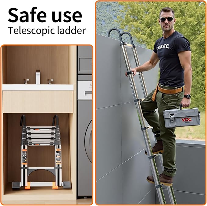 Telescoping Ladder,with Stable Hook and stabilizer barand,13.5FT Extension Ladder, Heavy Duty 330lbs Max Capacity, Multi-Purpose Collapsible Ladder for RV or Outdoor Work (4.1M/13.5FT)