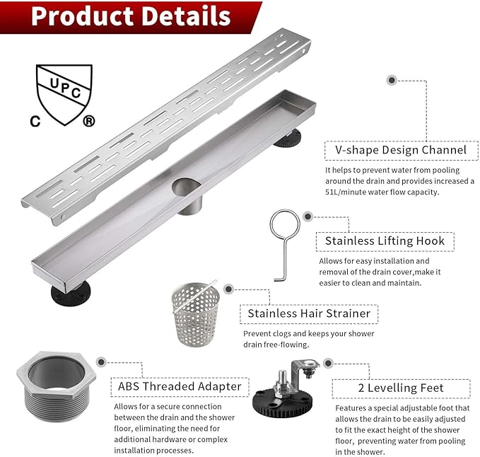 Sharp-tec Linear Shower Drain, 48 inch Shower Drain with Removable Pattern Cover, Brushed Nickel 304 Stainless Steel Rectangle Floor Drain, Adjustable Feet and Hair Strainer Included (Model 101)