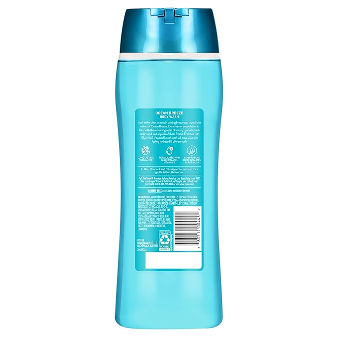 Suave Moisturizing Body Wash, with Ocean Breeze Scent and Vitamin E Extract, No Parabens, No Phtahaltes, 18 Oz Pack of 6