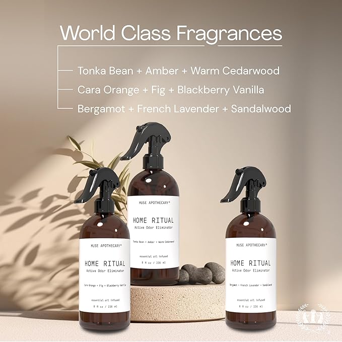 Muse Apothecary Home Ritual Active Odor Eliminator Spray - Furniture Deodorizer Spray & Bathroom Odor Eliminator for Home - Essential Oil Air Freshener - 8oz, Tonka Bean + Amber + Warm Cedarwood, 2