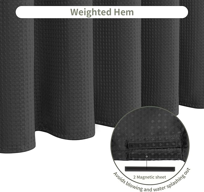 Inhousolu Fabric Shower Curtain Waffle Weave, 230 GSM Heavy Duty, Weighted Hem, 14 Metal Hooks, Water Repellent, Machine Washable, Hotel Spa Luxury Bath Curtain Set, 72 x 78 Inch, Black