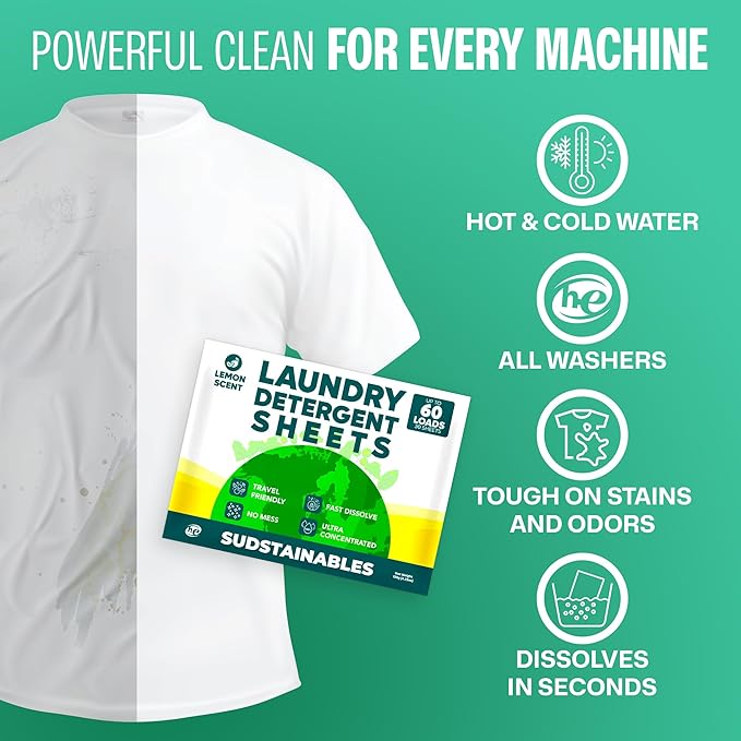 Sudstainables Laundry Detergent Sheets 60 Loads – Dissolvable Laundry Sheet for Washing Machines, Compact Alternative to Liquid & Powder Detergent, Travel-Friendly Soap | Lemon