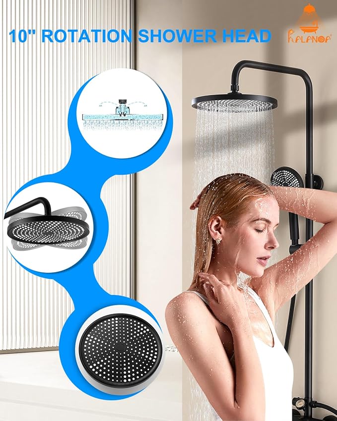 Outside Shower Kit,3 Functions Handle Tub Rainfall Shower Faucet Sets with Dial Thermometer Brass Valve, Black Exposed Shower Pipe System with 10'' Rainfall Shower Head Adjustable