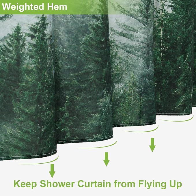 ORTIGIA 78 Inch Green Misty Forest Shower Curtain for Bathroom, Nature Woodland Shower Curtain Set with Hooks, Decorative Pine Tree Fog Magic Bath Curtain, Waterproof Fabric, Weighted, 72x78