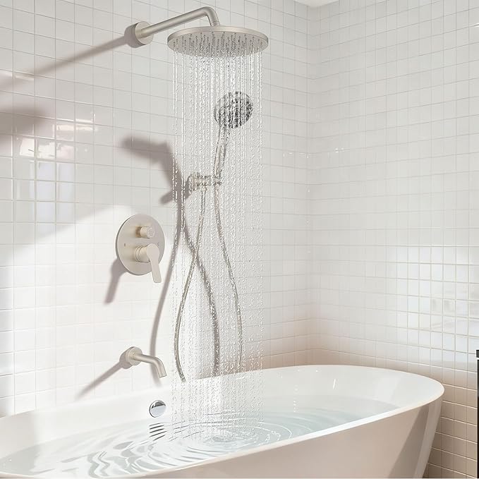Iriber Brushed Nickel Bathtub Shower Faucet Set，Bathroom Shower System with Tub Spout ，Filtered Shower Head with Handheld, 9 Spray Mode Showerhead,Shower Valve Trim Kit Contain Cartridge,10 Inch