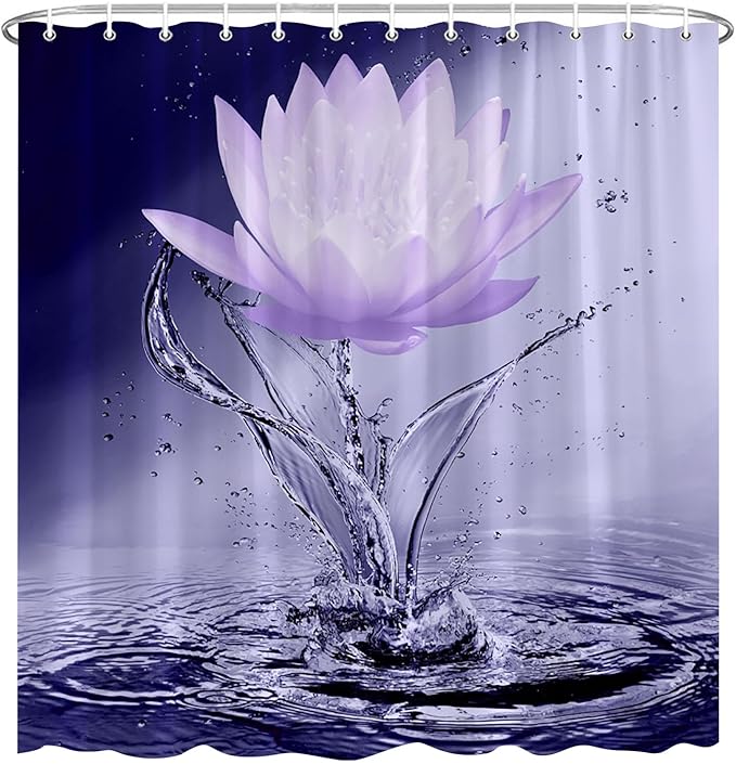 Lotus Shower Curtain Black White Violet Flower Elegant Blooming Floral with Dew Spring Flower Reflection on Water Modern Romantic Polyester Fabric Bathroom Decor 70×90 Inch with Hook