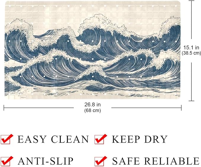Bathtub Mats for Shower Tub, Anti-Slip Bath Mats for Inside Tub, Bathroom Shower Mats with Drain Holes and Suction Cups (Abstract Art Ocean Waves Vintage Style)